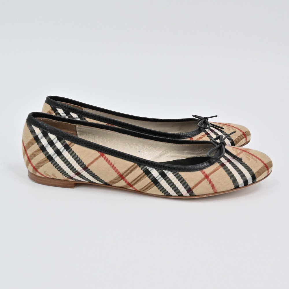 Burberry Nova Check Ballet Flats Womens Size 36.5 Bow Elegant Beige Black Italy - Picture 4 of 12